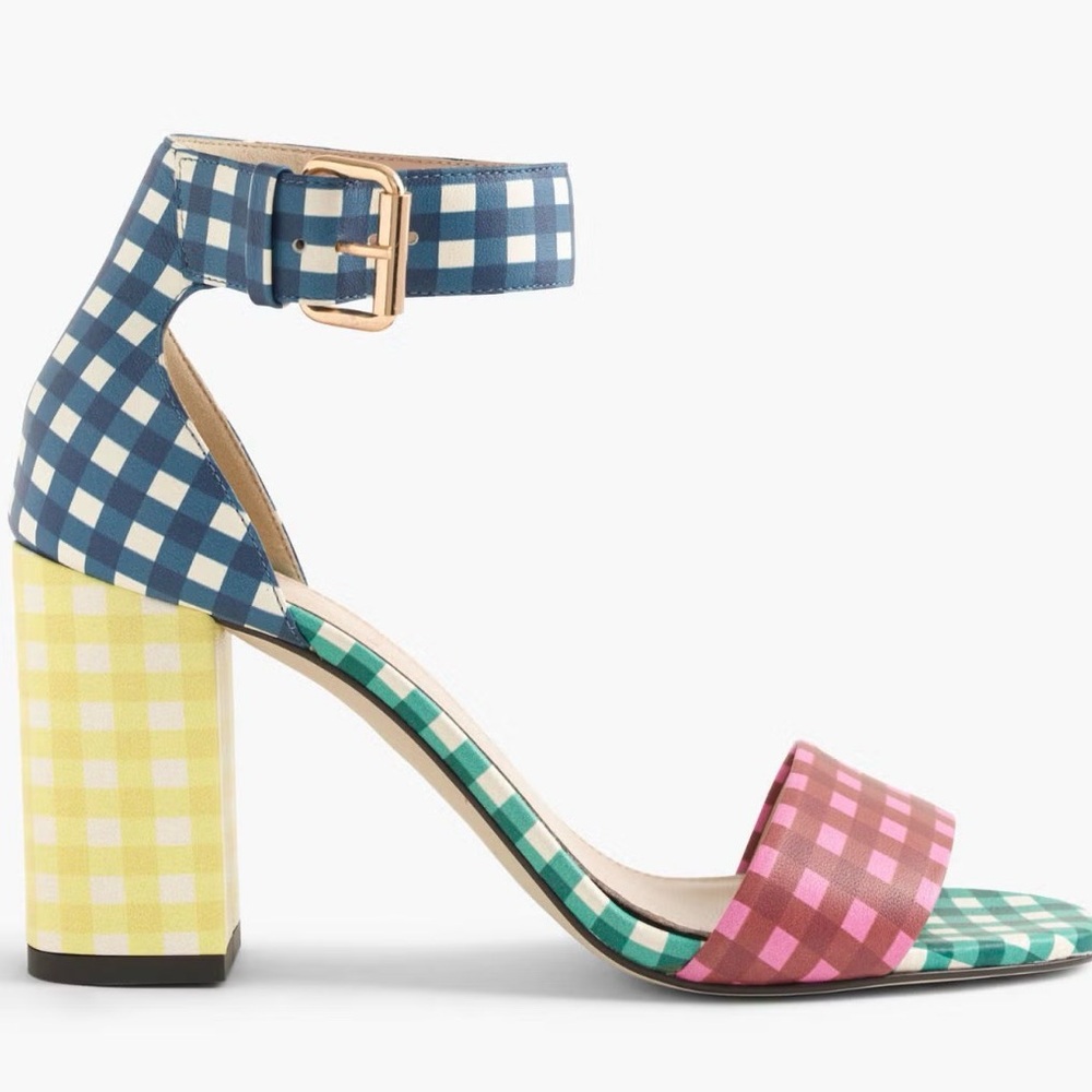 J.Crew Collection Leather High-Heel Sandals in Mixed Gingham size 9.5 EUC